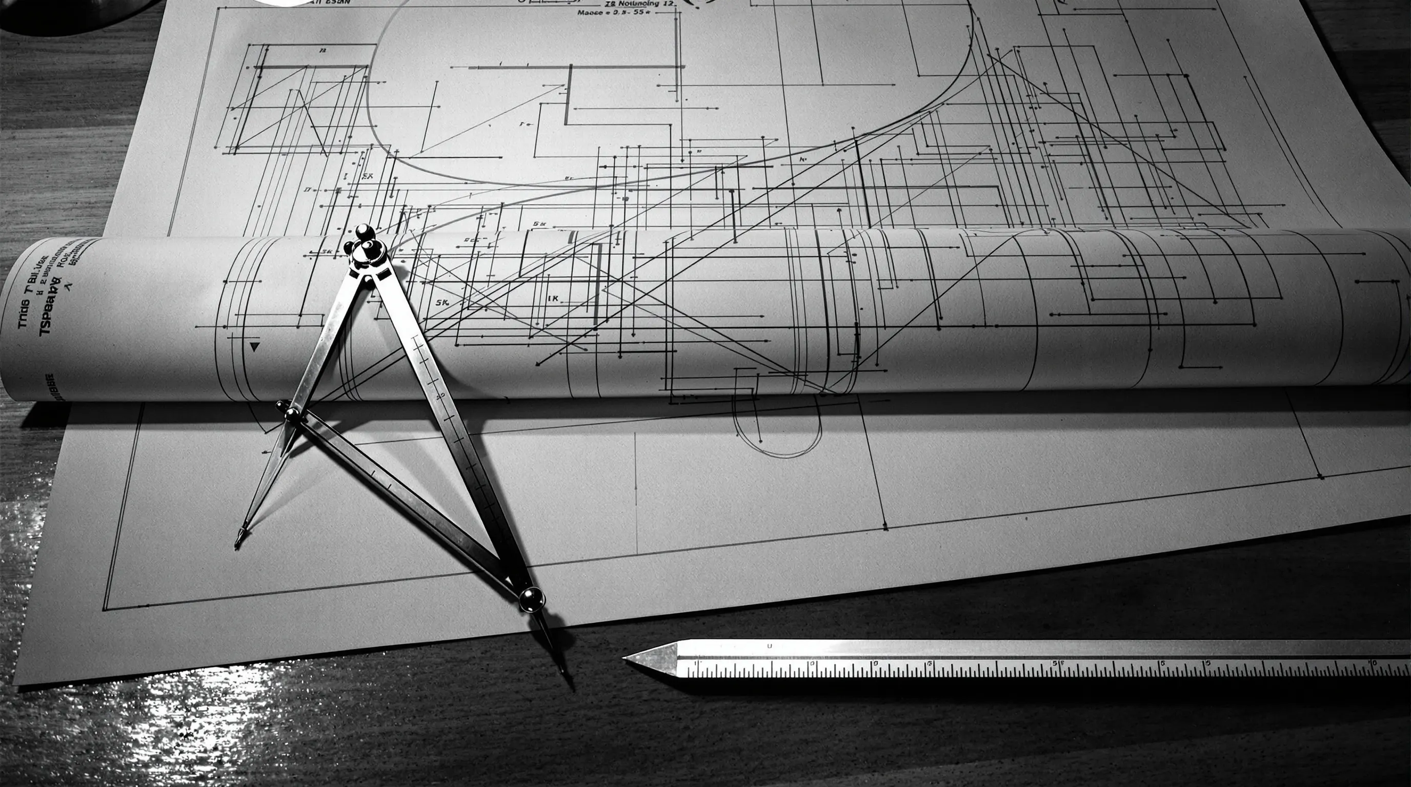 An architect's brass drafting compass open across a large unrolled technical drawing on a wooden drafting table, photographed in black and white. Metaphor for mapping the agent platform landscape.