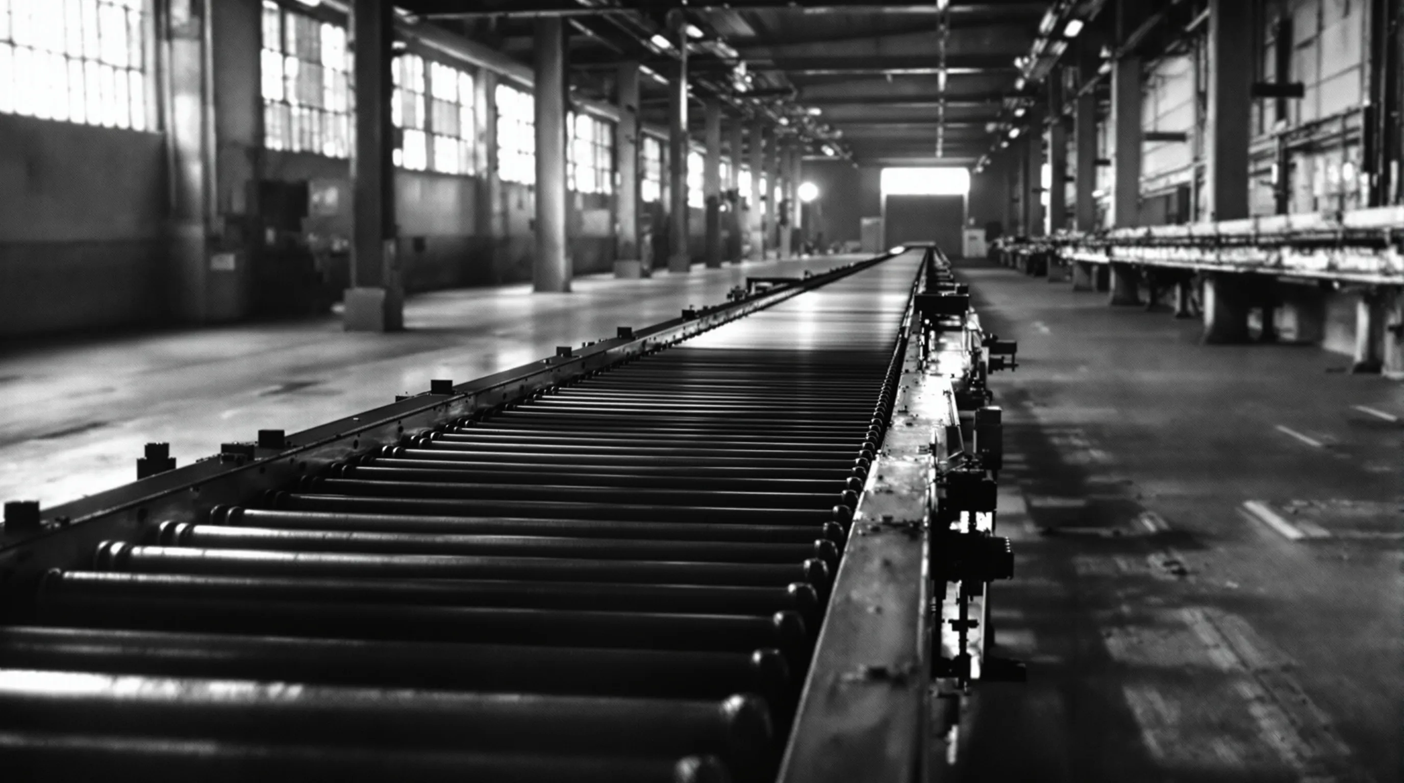An industrial 1950s factory conveyor belt running through an empty factory hall, black and white documentary photograph. Metaphor for the content production pipeline.