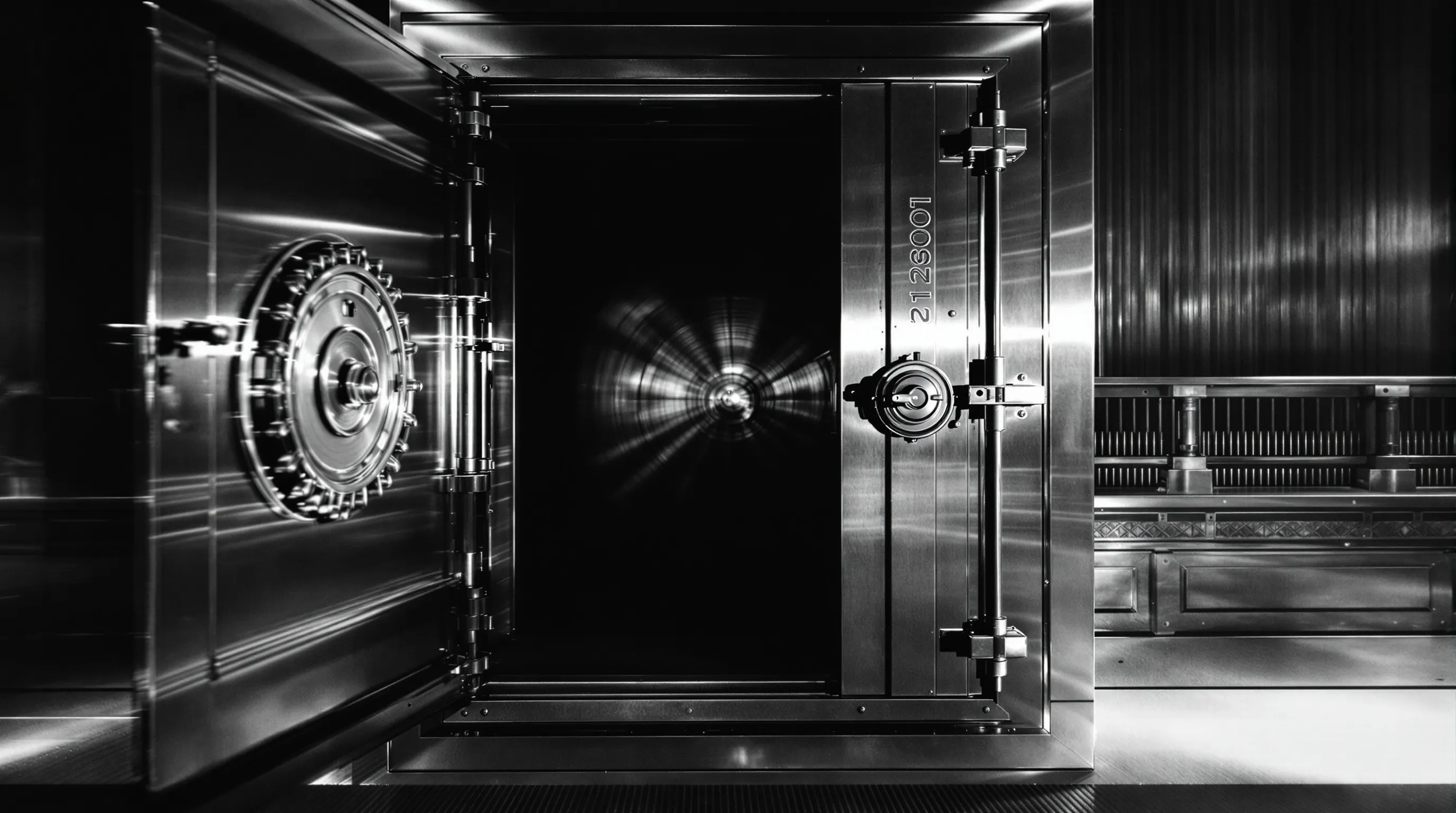 A massive 1920s bank vault door with a large central combination dial and heavy radial locking bolts, black and white documentary photograph. Metaphor for data security and access control.