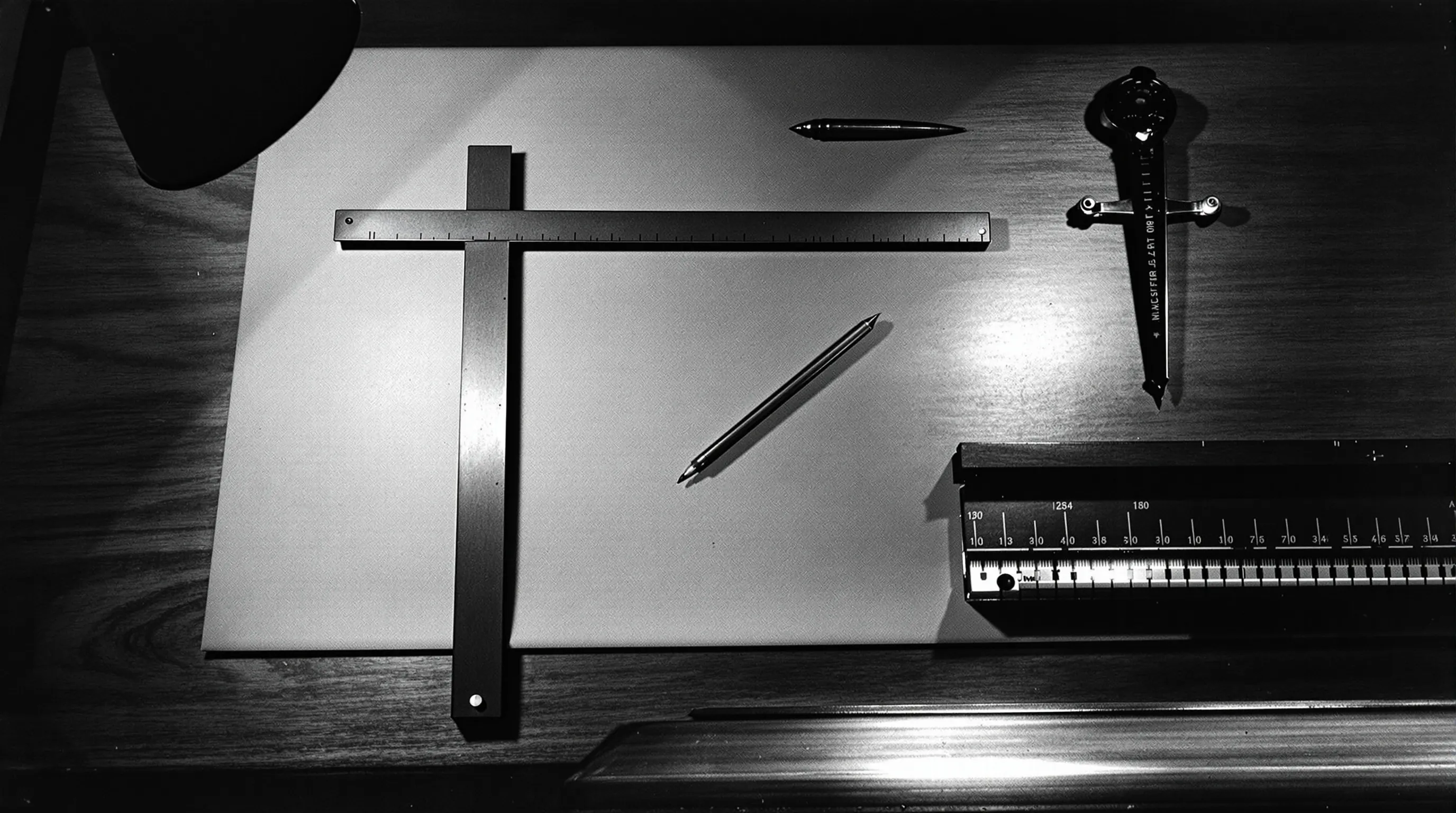 A mid-century draftsman's T-square, mechanical pencil, and brass drafting compass arranged on a wooden drafting table, black and white. Metaphor for the precision tools that shape output.